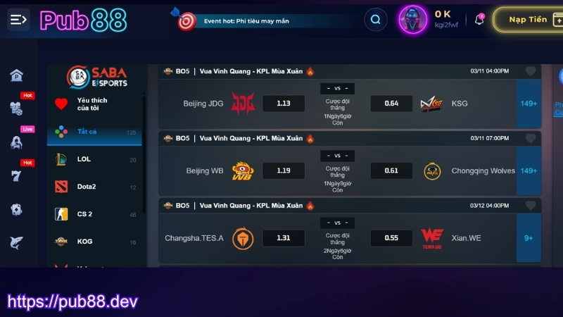 Cược trò chơi nào tại Esport PUB88