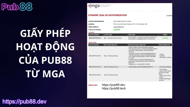 Giấy phép hoạt động của PUB88 từ MGA