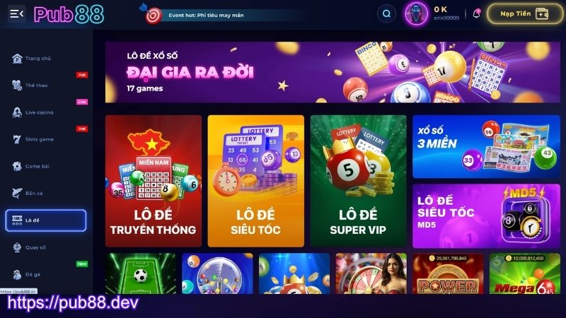 Khám phá sảnh chơi lô đề PUB88